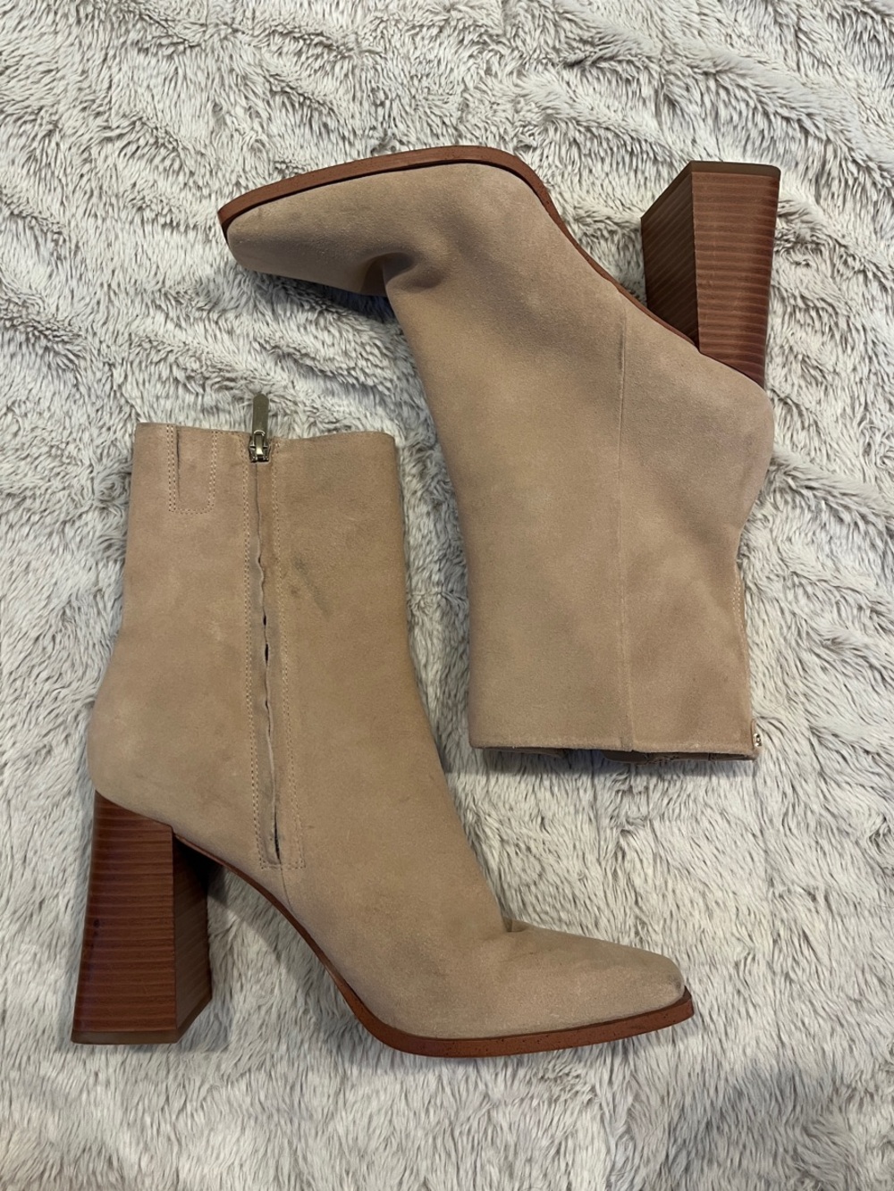Sam Edelman Taupe Suede Block Heel Ankle Boots with Square Toe